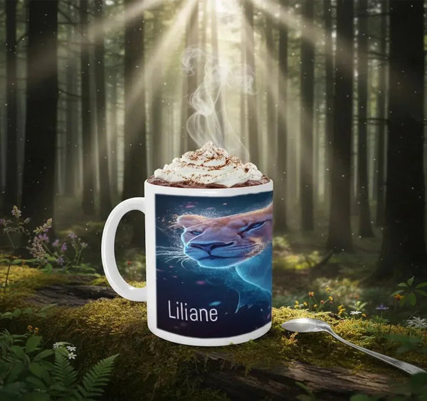 Personalized Custom Name Coffee Mug | Lion Hot Chocolate Gift | Nebula Predator Cat Tea Cup