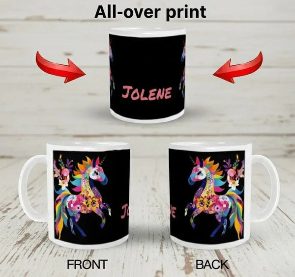 Personalized Unicorn Magic Mug - Name Design - Hot Chocolate, Coffee, Tea Cup - Black & Pink Gift