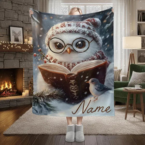 Personalized Winter Owl Flannel Blanket: Snowy Forest Design, Flannel Fleece Throw Name Gift