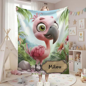 Personalized Flamingo Blanket - Cartoon Bird Super Soft Pink Green Bedroom Throw Custom Name Gift