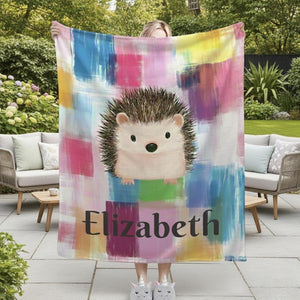 Personalized Hedgehog Blanket: Whimsical Plaid, Cosy Throw, Super Soft Name Gift