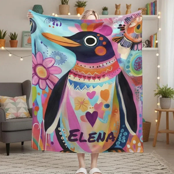 Personalized Penguin Blanket: Colorful Arctic Animal Happy Playful Flannel Fleece Throw, Soft Name Gift