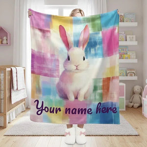 Personalized White Bunny Blanket: Rainbow Patchwork Microfiber Throw, Rabbit, Super Soft Name Gift