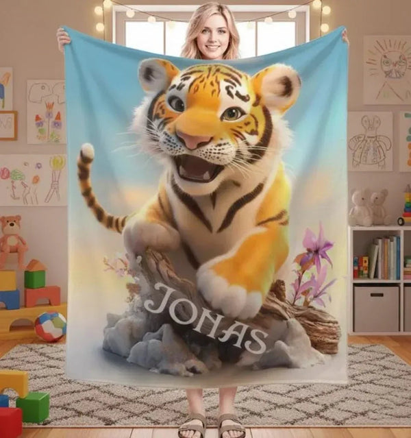 Personalized Tiger Blanket Soft: Wild Animal Jungle Theme Flannel Fleece Throw