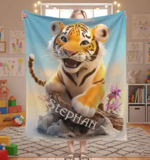 Personalized Tiger Blanket Soft: Wild Animal Jungle Theme Flannel Fleece Throw