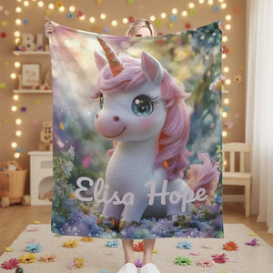 Personalized Unicorn Blanket - Magical Pink Flannel Fleece Throw Custom Name Kids Gift