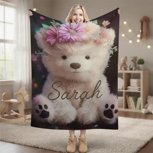 Personalized Teddy Bear Plush Blanket: Floral Crown, Soft Flannel Fleece Throw, Custom Name Gift