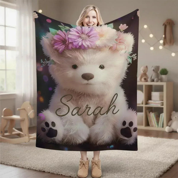Personalized Teddy Bear Plush Blanket: Floral Crown, Soft Flannel Fleece Throw, Custom Name Gift