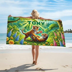 Personalized Jungle Tiger Beach Towel: Custom Name Microfiber Swimming Pool Towel