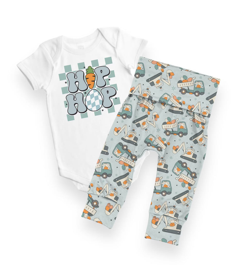 Construction Bunny Easter Joggers for babies - cute and comfy bottoms for springtime adventures.