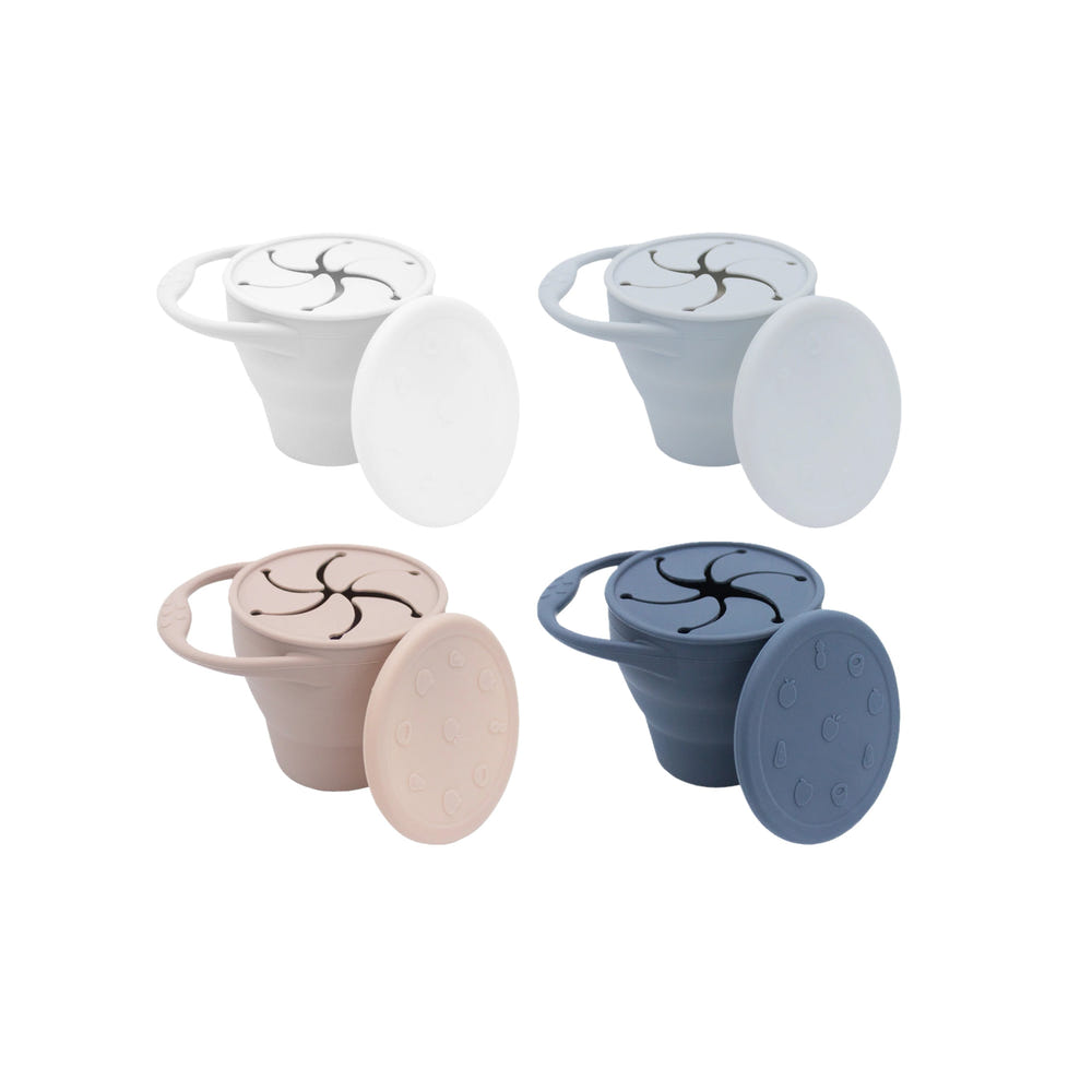 Silicone collapsible snack cup in various colors, perfect for toddlers and on-the-go snacking.