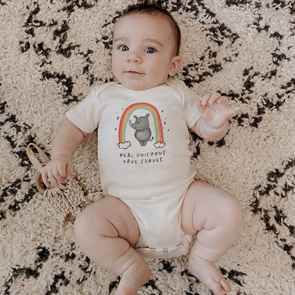 Graphic unicorn curves short sleeve bodysuit for babies, perfect for playful and stylish outfits.