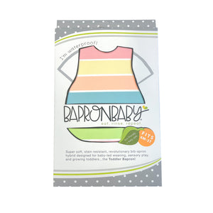 Rainbow Stripes Bapron for babies, angled view showcasing vibrant colors and unique design for mess-free feeding.