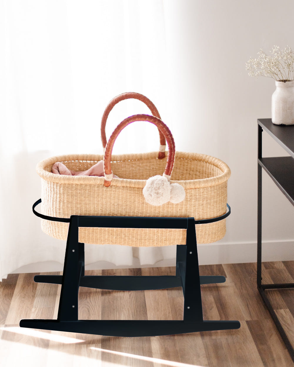 Original Black Rocking Moses Bassinet Stand with brake - safe and stylish for your baby's comfort.