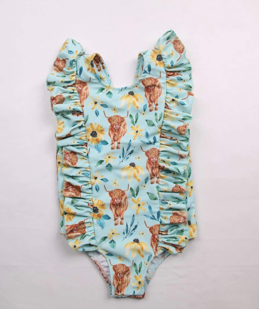 Blue highland ruffle swimsuit for babies, perfect for summer fun and stylish beach outings.