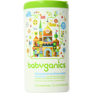 Babyganics All-Purpose Surface Wipes, fragrance-free, 75 count canister for safe cleaning in baby health.
