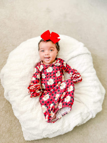 Buffalo plaid leopard Santa ruffle gown for babies, perfect for festive occasions and holiday celebrations.