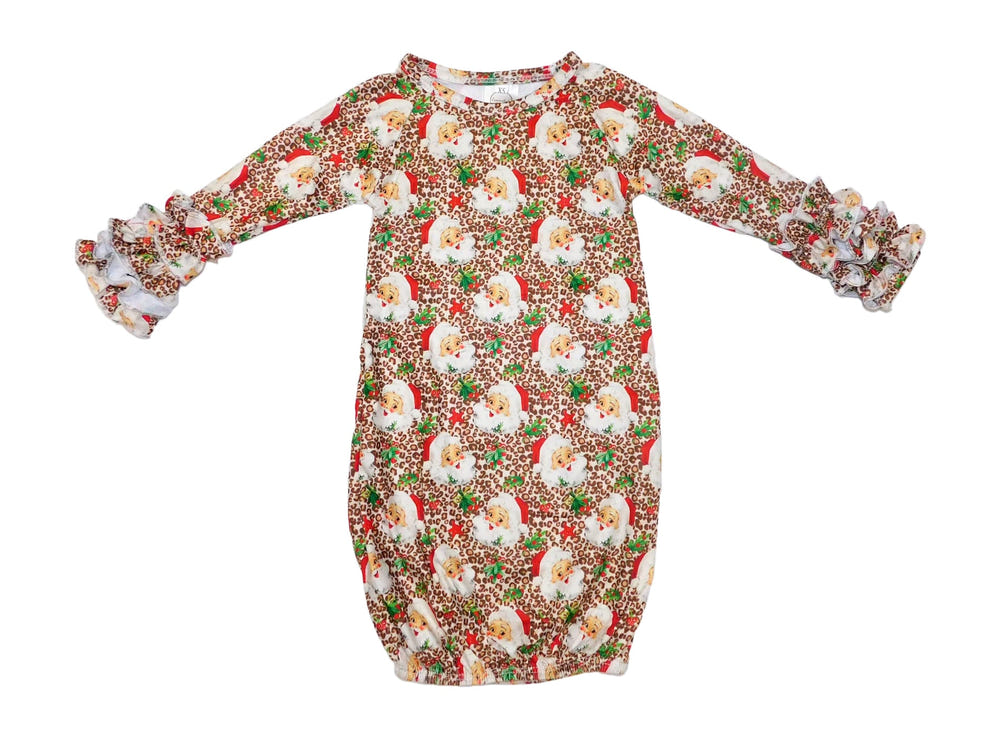 Vintage leopard Santa ruffle gown for babies, perfect for festive playtime and holiday celebrations.