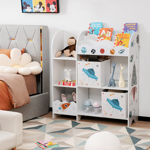 Kids toy and book organizer, wooden storage cabinet with bins, perfect for children's playroom or nursery.