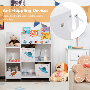 Wooden kids toy and book organizer with storage bins, angled view, perfect for children's rooms and play areas.