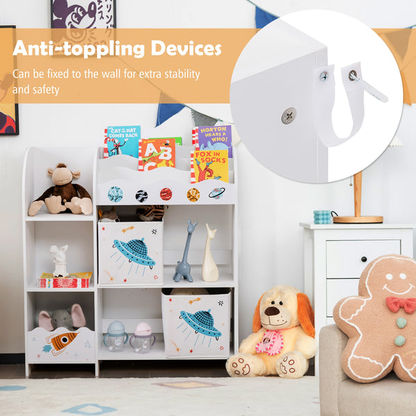Wooden kids toy and book organizer with storage bins, angled view, perfect for children's rooms and play areas.