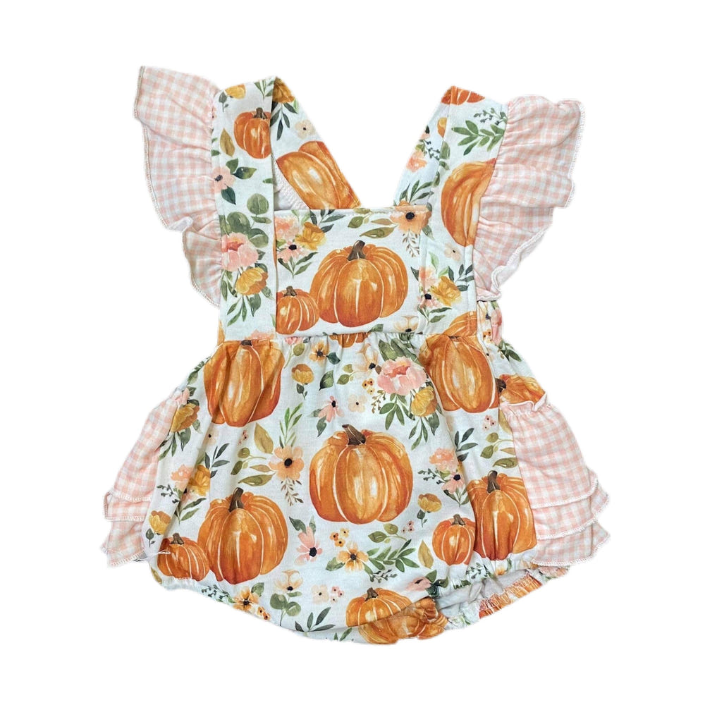 Floral pumpkin ruffle romper for babies, perfect for stylish and comfortable playtime.
