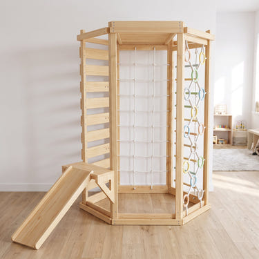 Hawthorn Indoor Playground | 93" Montessori Climbing Gym with Slide & Rope Net