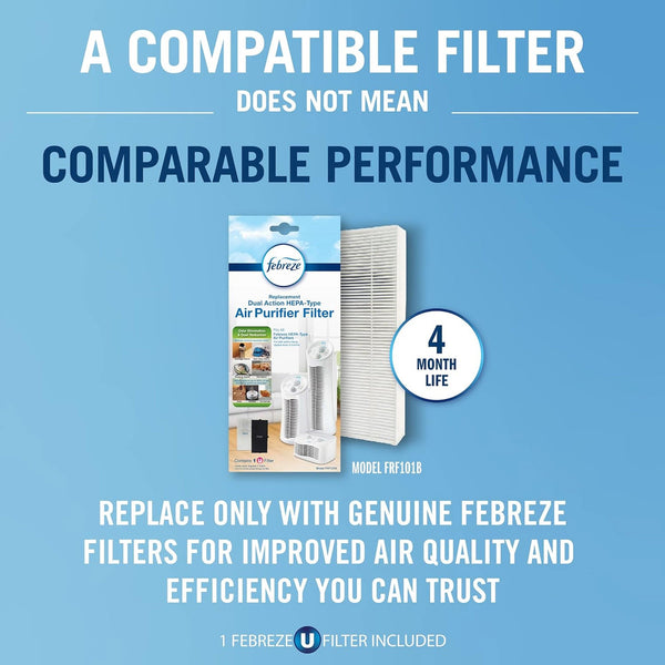 Febreze HEPA-Type Small Room Mini Tower Air Purifier in white, angled view showcasing its compact design.