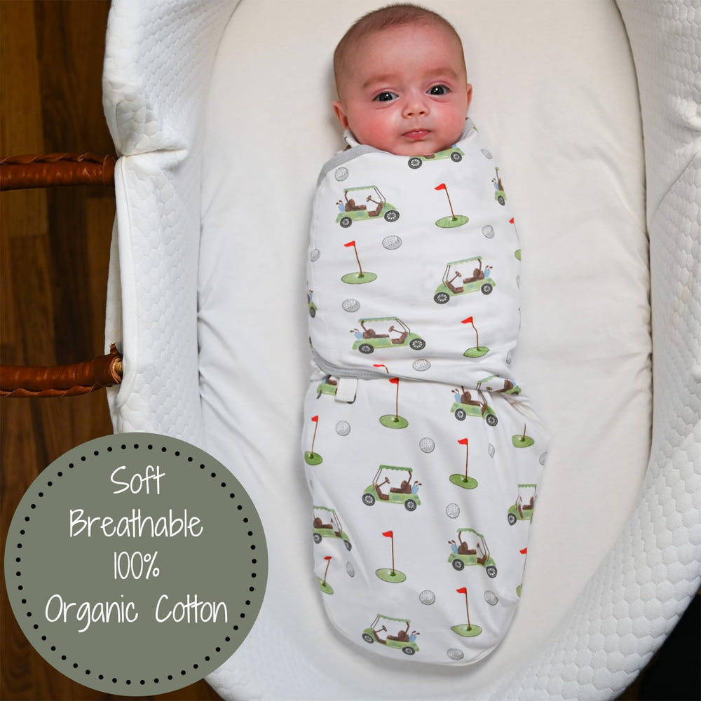 Golf A Round Baby Sleep Swaddle in 100% organic cotton, perfect for cozy and safe sleep for your little one.