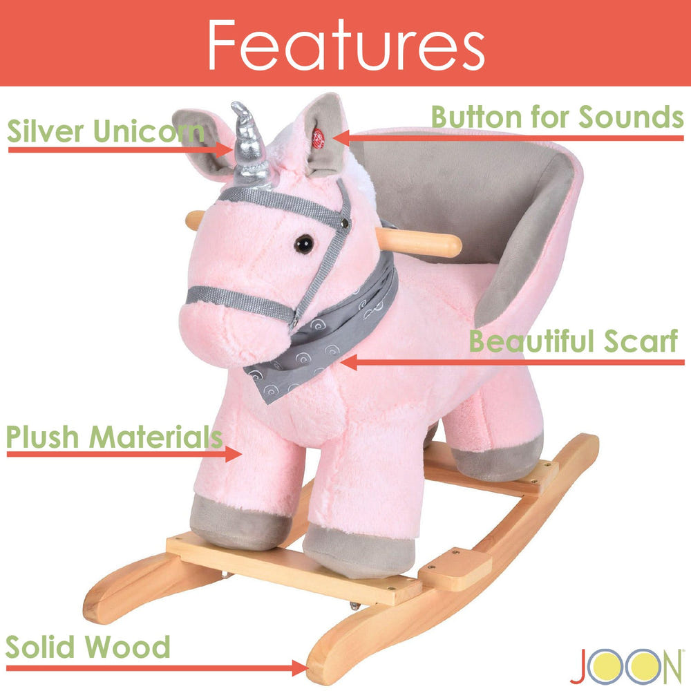 JOON Luna Pink-Grey Rocking Horse Unicorn with Sound Effects - Fun baby ride-on toy for imaginative play.