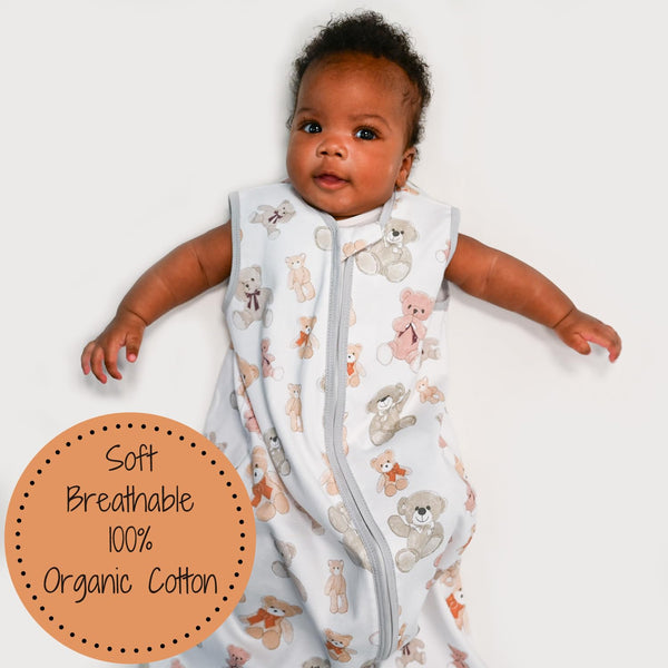 Bear Hugs Baby Sleep Sack in organic cotton, angle view showcasing softness and comfort for peaceful sleep.