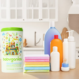 Babyganics fragrance-free all-purpose surface wipes canister, 75 count, ideal for baby health and safety.