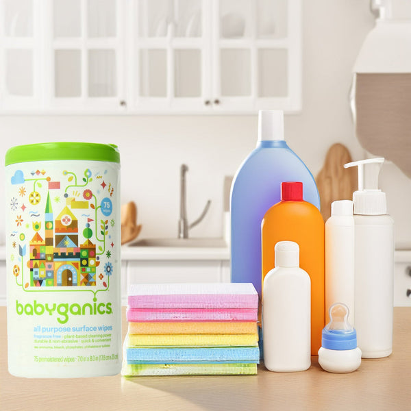 Babyganics fragrance-free all-purpose surface wipes canister, 75 count, ideal for baby health and safety.