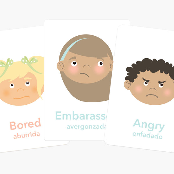 "Emotions Flashcards for babies, showcasing colorful designs for early learning and sensory play, angle view 2."