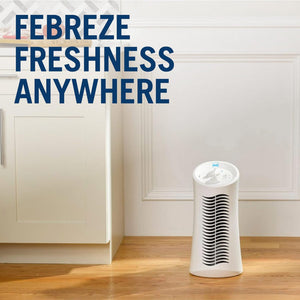 Febreze HEPA-Type Mini Tower Air Purifier for small rooms, white, showcasing angle 5 design and features.