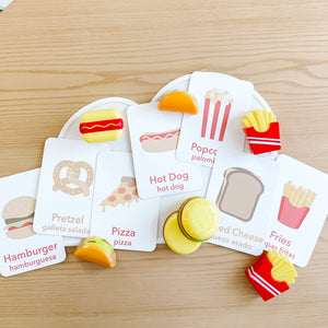 "Fast Food Flashcards for imaginative play, featuring colorful food images for babies and toddlers."