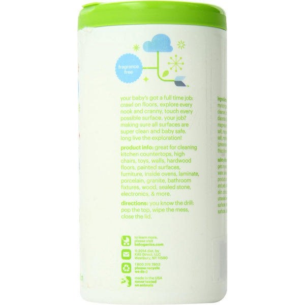 Babyganics fragrance-free all-purpose surface wipes canister, 75 count, perfect for baby health and hygiene.
