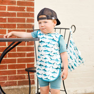 Shark Attack Bapron for babies, featuring a playful shark design, angled view showcasing its unique style and functionality.