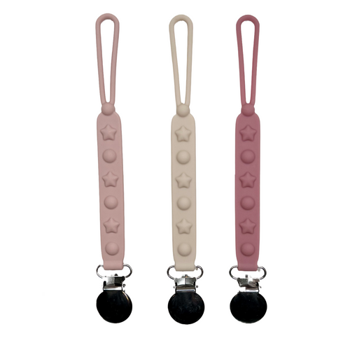 Twinkle Twinkle Pacifier & Teether Clip in angle view, perfect for keeping pacifiers close and clean for your baby.