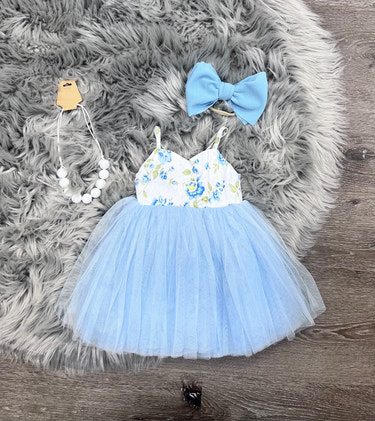 Blue Blossoms Tulle Dress for babies, featuring a delicate floral design and soft tulle fabric, perfect for special occasions.