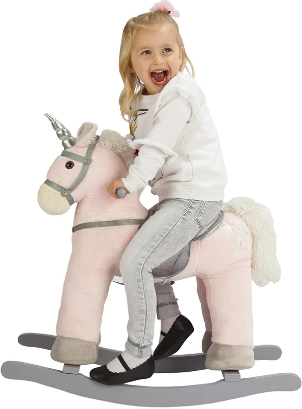 Pink JOON rocking horse unicorn with stars, viewed from angle 2, perfect for baby playtime and decor.