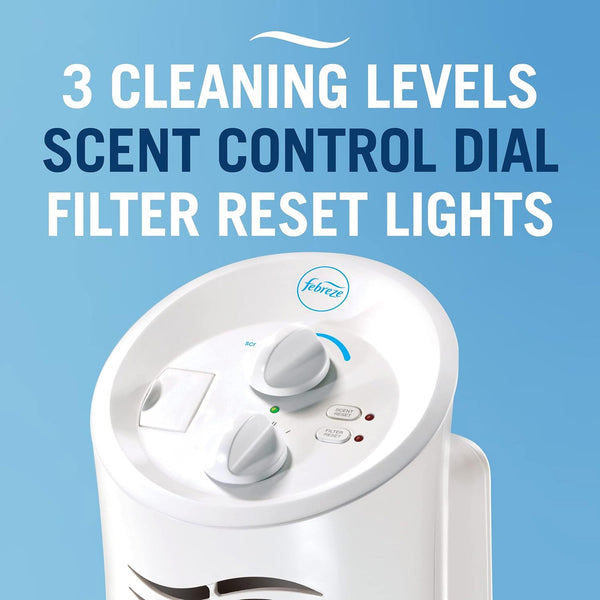 Febreze HEPA-Type Mini Tower Air Purifier for small rooms, white, shown at angle 9.