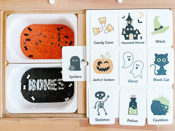 Halloween flashcards for babies, featuring festive designs, perfect for seasonal learning and fun. Angle 2 view.