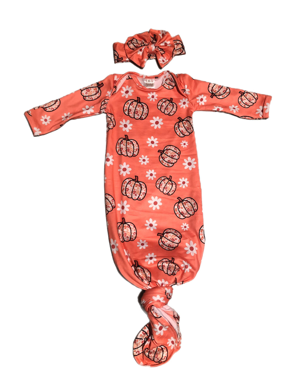 Leopard pumpkin gown and headband set for babies, perfect for Halloween celebrations and playtime.
