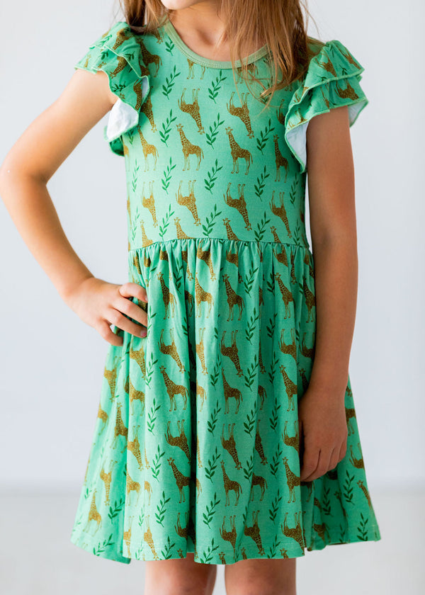 Flutter Sleeve Twirl Dress - Giraffes