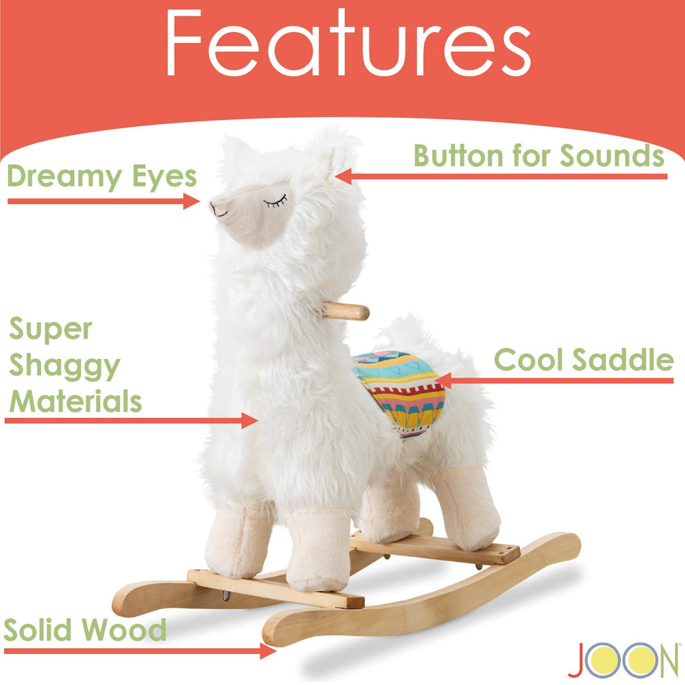 JOON Lola Shaggy Hair Ride-On Llama Rocking Horse with sound effects, white, perfect for playful baby adventures.