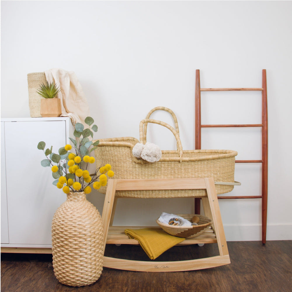Classic Rocking Moses Bassinet Stand with brake in natural finish, perfect for soothing your baby safely.