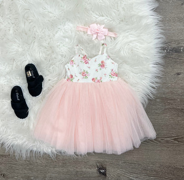 Blush Roses Tulle Dress for babies, featuring delicate floral design and soft tulle fabric. Perfect for special occasions.
