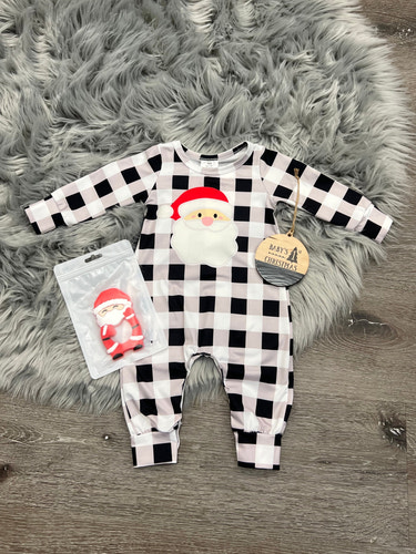 Checkered Santa romper for babies, festive design perfect for holiday celebrations.