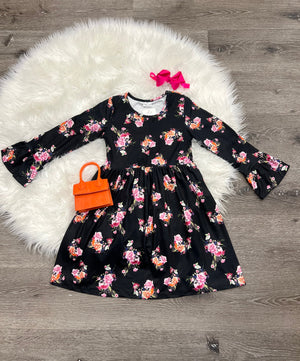 Black Floral Ruffle Dress